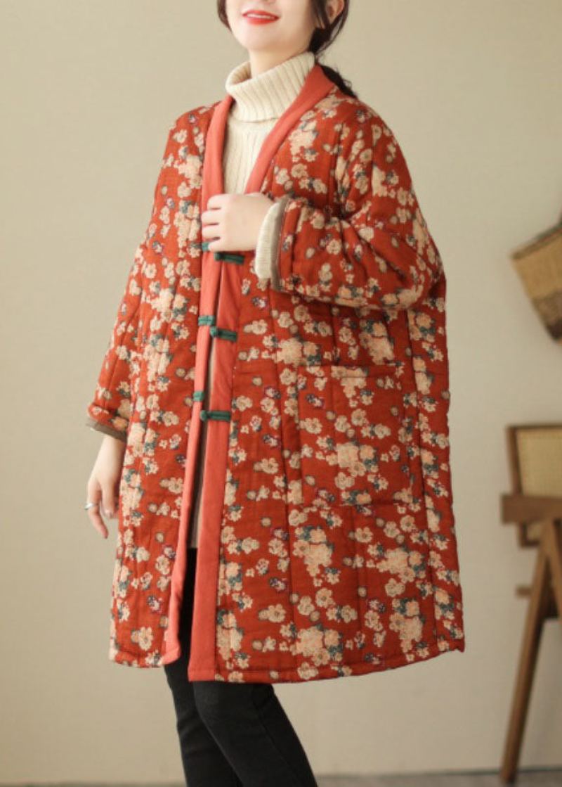 Parka Épaisse Vintage Rouge À Col En V Imprimé Hiver
