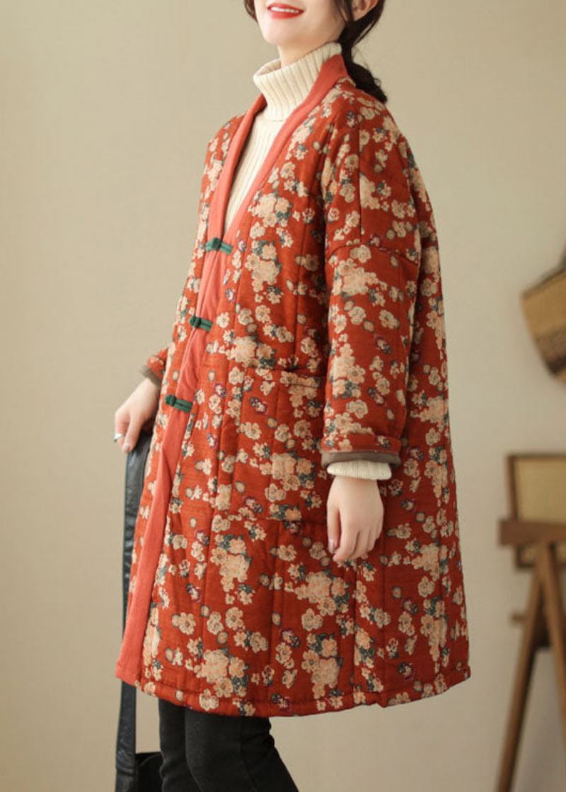 Parka Épaisse Vintage Rouge À Col En V Imprimé Hiver - Rouge