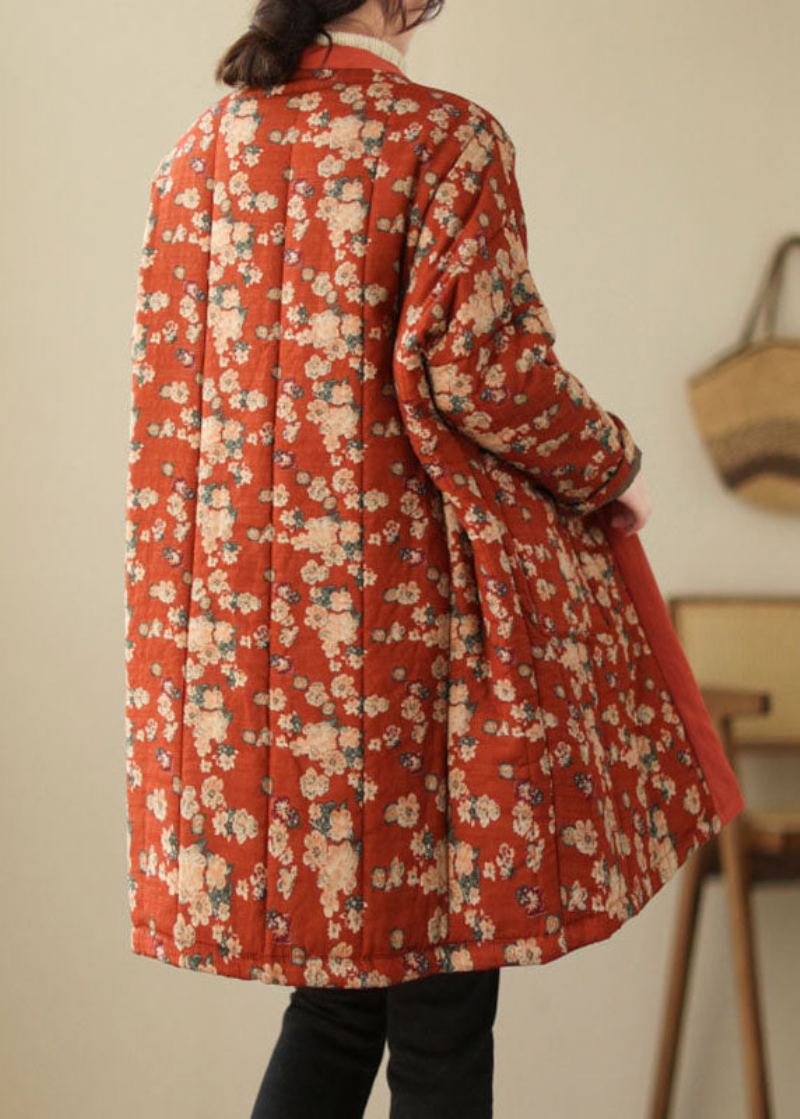 Parka Épaisse Vintage Rouge À Col En V Imprimé Hiver - Rouge