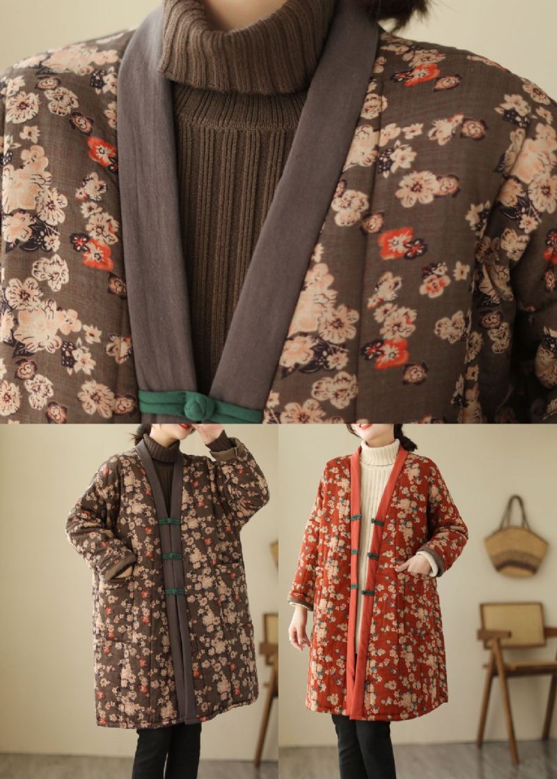 Parka Épaisse Vintage Rouge À Col En V Imprimé Hiver - Rouge