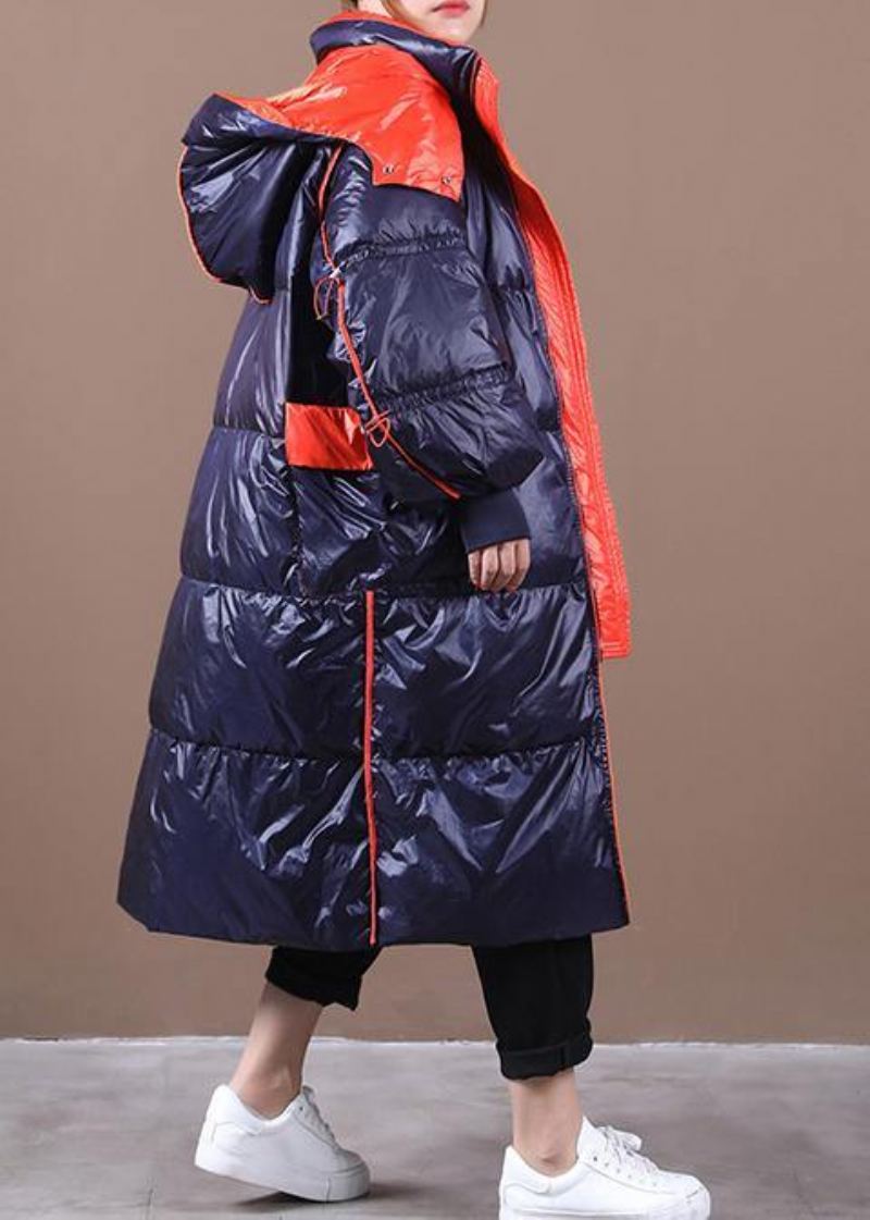 Parka Femme Grande Taille Pardessus Bleu Foncé À Capuche Patchwork Manteau En Duvet D'oie - Doudounes femmes