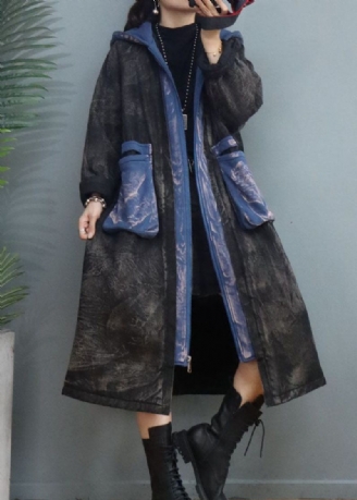 Parka D'hiver Noire Avec Poches En Patchwork Et Fermeture Éclair Remplie De Coton Fin Diy