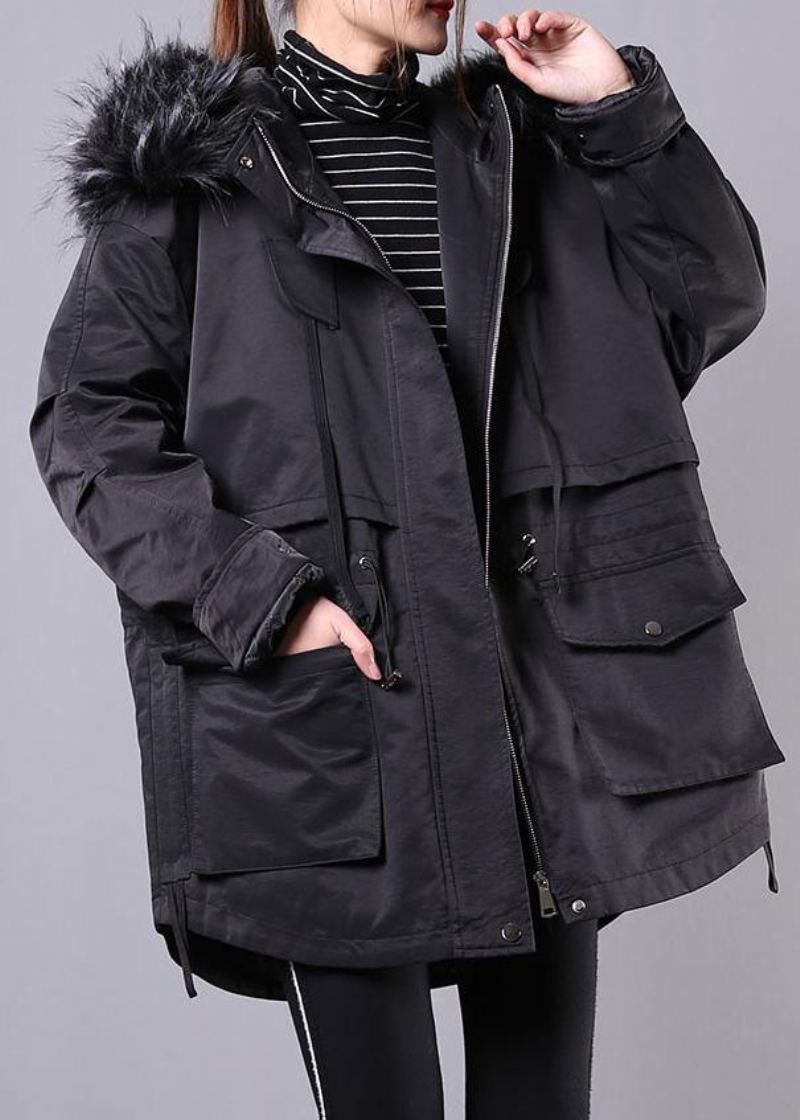 Parka D'hiver Noire Épaisse Doudoune Surdimensionnée Pardessus À Capuche Avec Col En Fourrure - Doudounes femmes