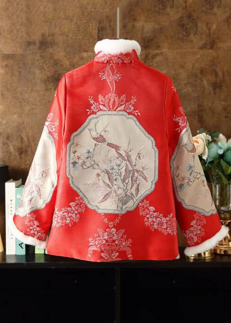 Parka D'hiver En Patchwork Brodé Avec Col En Fourrure Rouge De Style Chinois - Doudounes femmes
