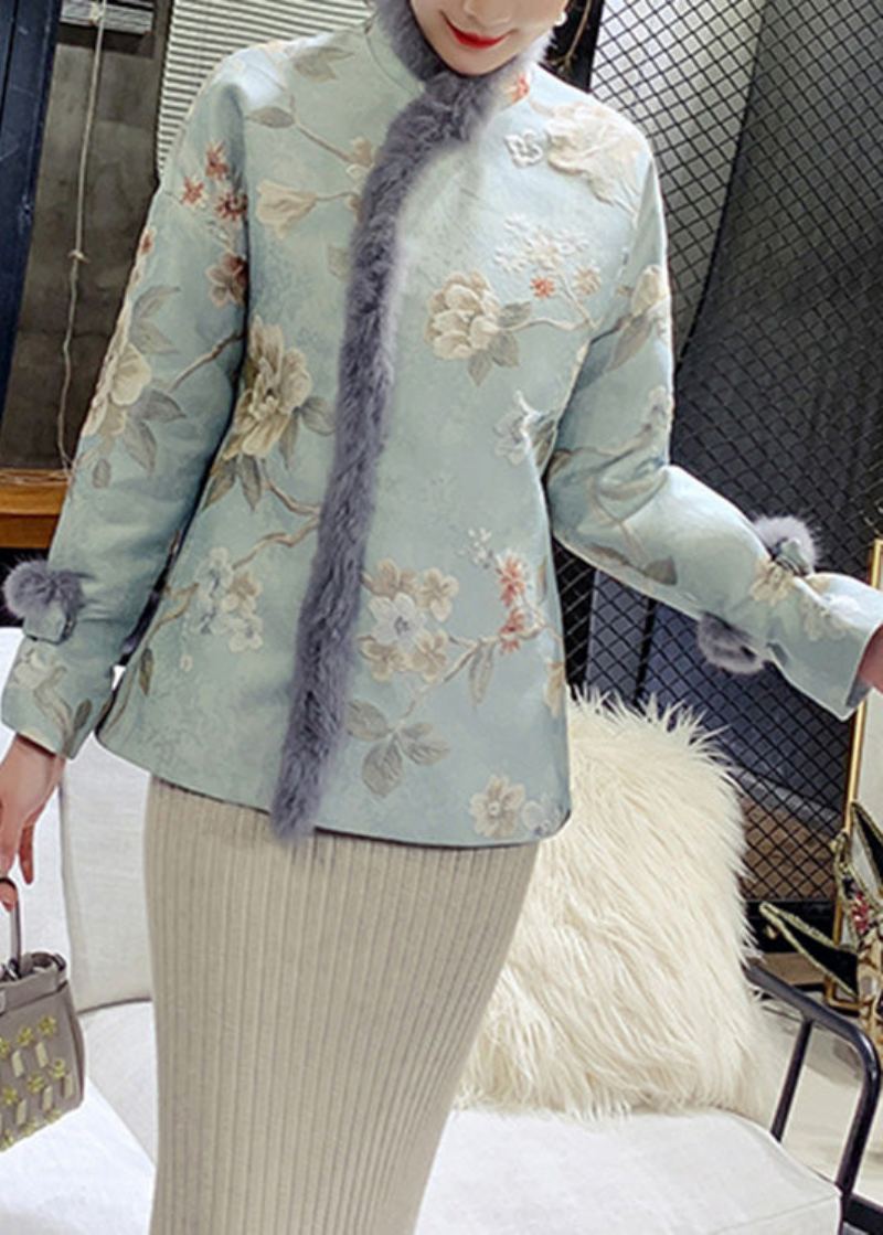 Parka D'hiver En Polaire Chaude Brodée Avec Col En Fourrure Bleu Élégant - Doudounes femmes
