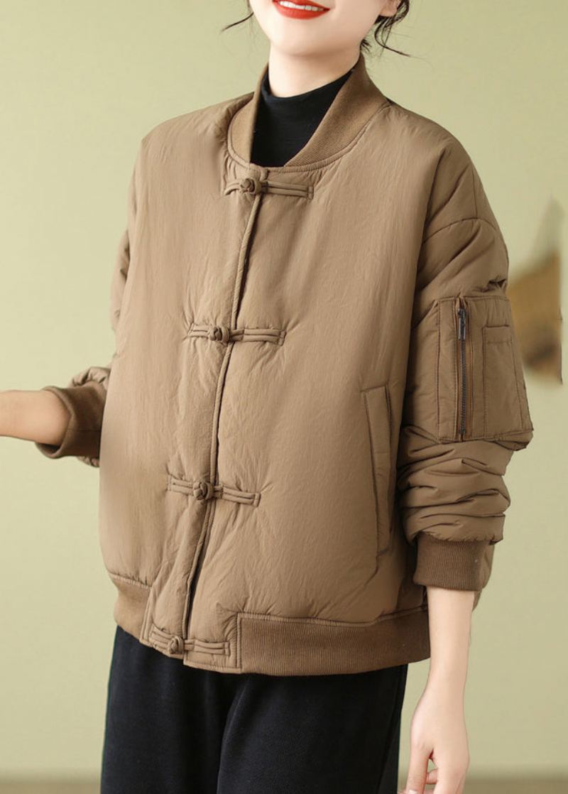 Parka Kaki Ample À Manches Longues Et Poches Boutonnées En Coton - Doudounes femmes