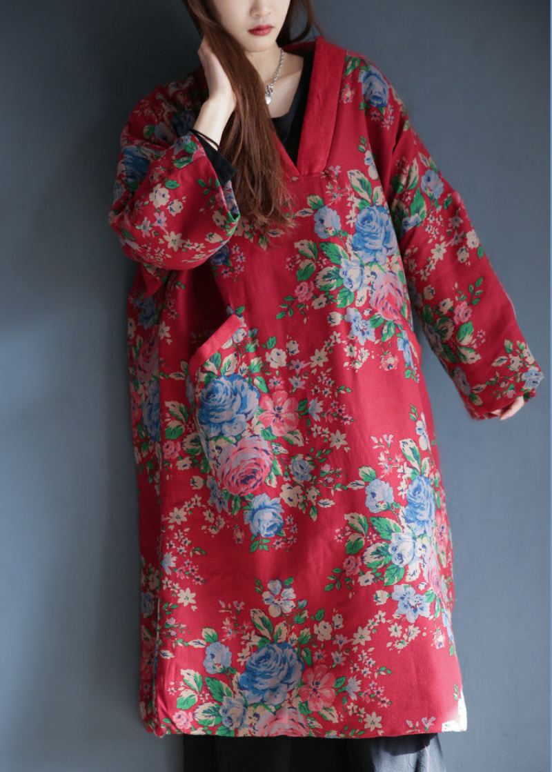 Parka Longue En Coton Rouge Pour Femme Col En V Imprimé Polaire Chaude Hiver - Doudounes femmes