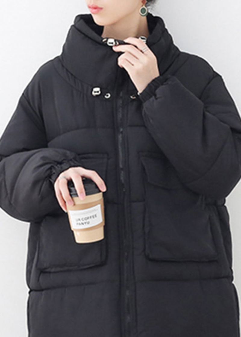 Parka Noire En Coton Avec Poches Et Cordon De Serrage Manches Longues - Noir