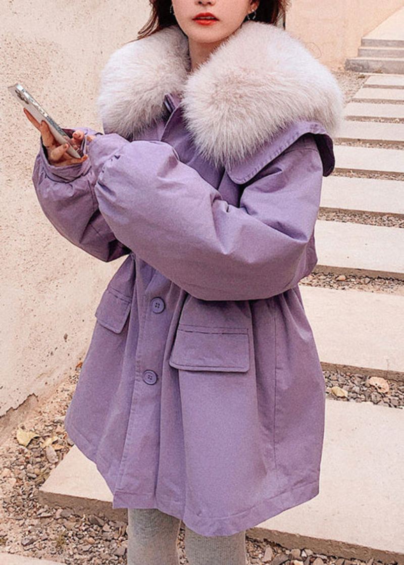Parka Polaire Chaude Avec Col En Fourrure Violet Poches En Patchwork Boutons Bricolage Hiver