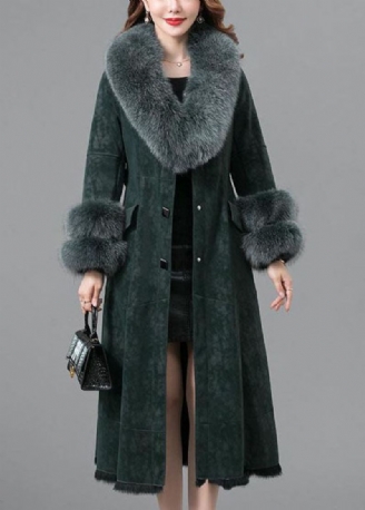 Parkas En Cuir Et Fourrure Avec Col En Poils De Lapin Vert Bouton Allongé Hiver