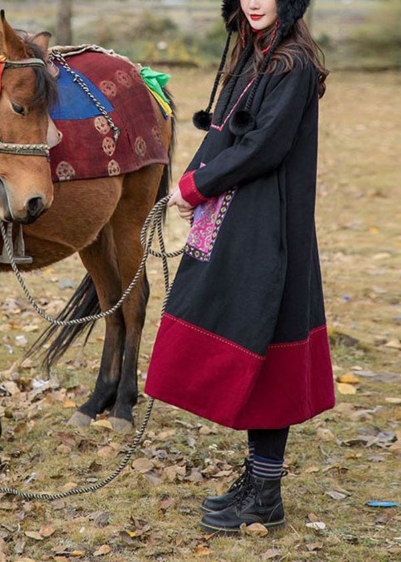 Robe Noire Faite À La Main Col En V Brodée En Patchwork En Coton Fin Remplie D'hiver - Doudounes femmes