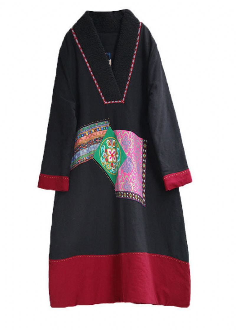 Robe Noire Faite À La Main Col En V Brodée En Patchwork En Coton Fin Remplie D'hiver - Doudounes femmes
