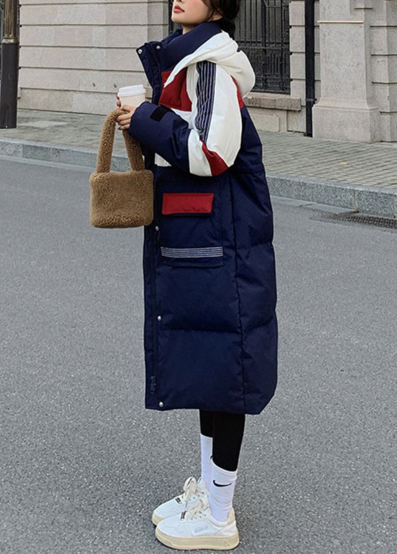 Unique Bleu Poches Zippées Patchwork Longue Parka À Capuche Hiver - Doudounes femmes