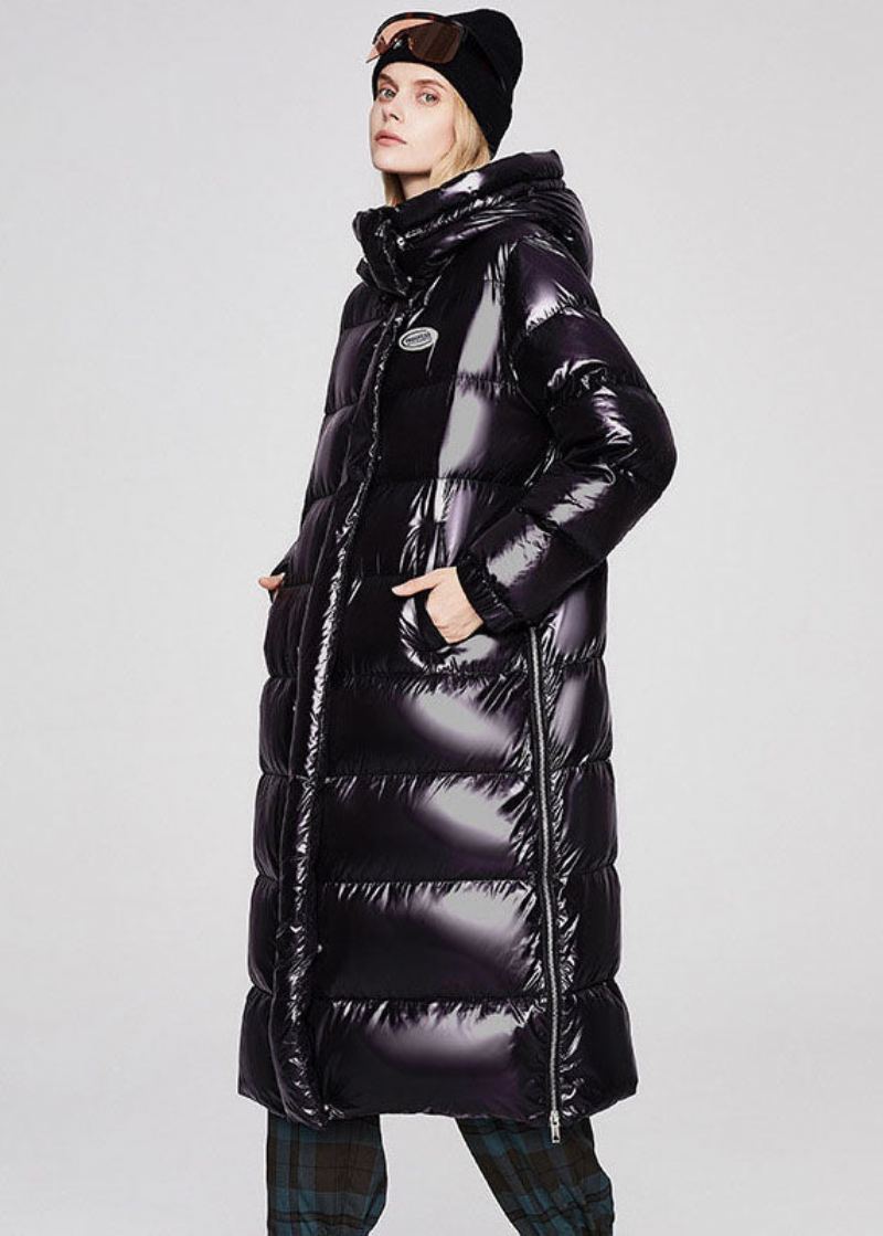 Unique Noir À Capuche Couleur Unie Duvet De Canard Doudoune Hiver