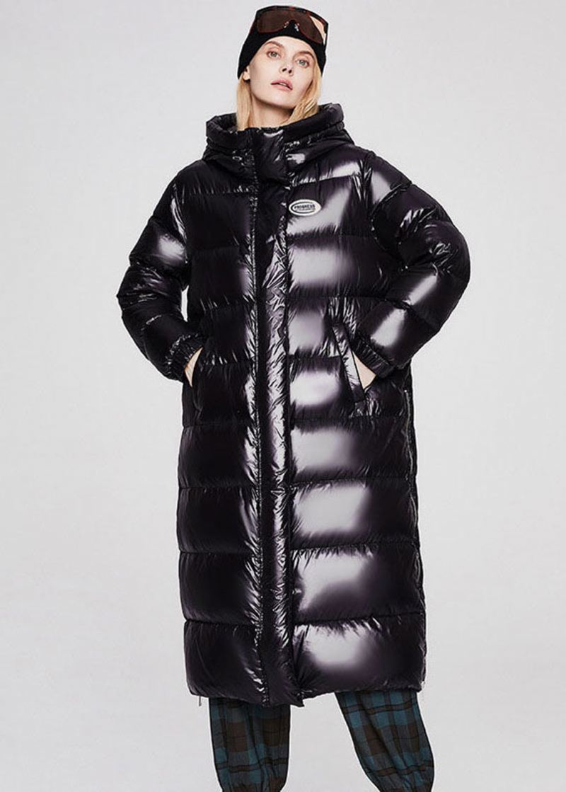 Unique Noir À Capuche Couleur Unie Duvet De Canard Doudoune Hiver - Noir