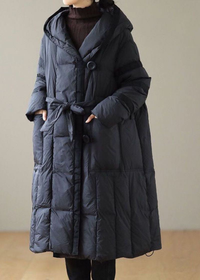 Veste Bouffante En Duvet De Canard Noir Moderne À Capuche Patchwork Cravate À La Taille Hiver - Doudounes femmes