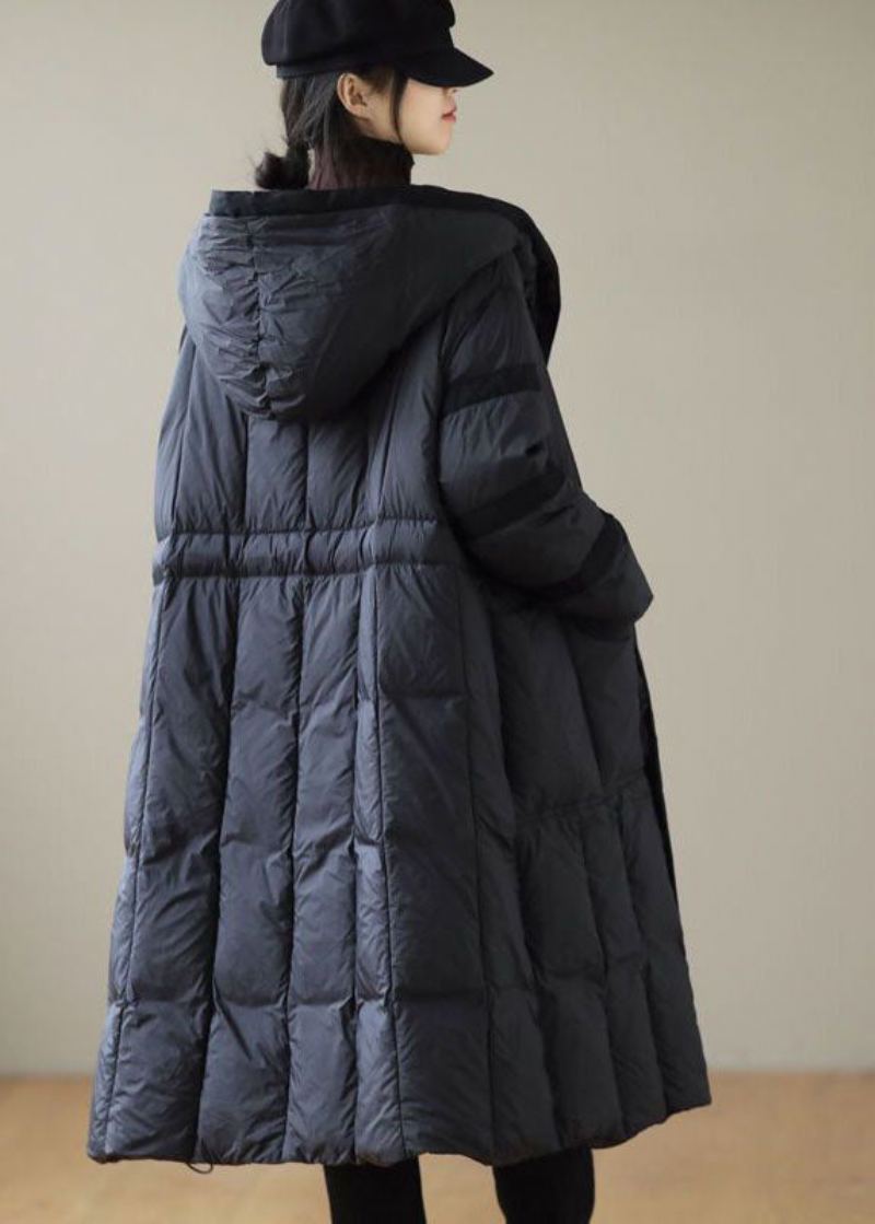 Veste Bouffante En Duvet De Canard Noir Moderne À Capuche Patchwork Cravate À La Taille Hiver - Doudounes femmes