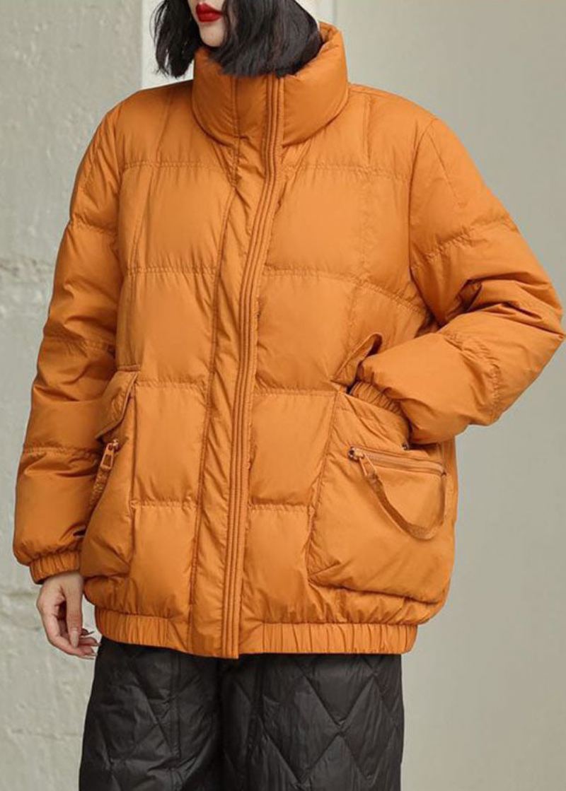 Veste En Duvet De Canard Orange À Col Montant Et Poches Zippées Diy En Hiver - Doudounes femmes