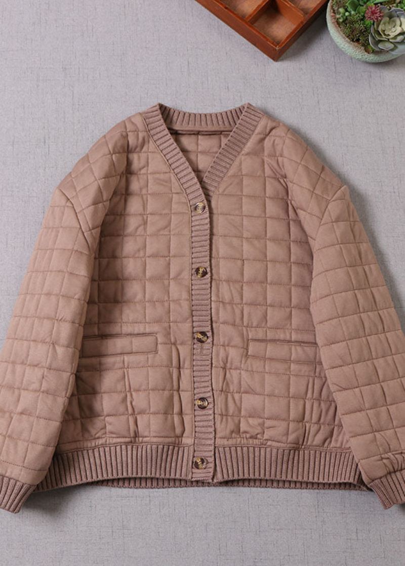 Veste Remplie De Coton Fin Patchwork Chocolat Pour Femme En Hiver Col En V - Café