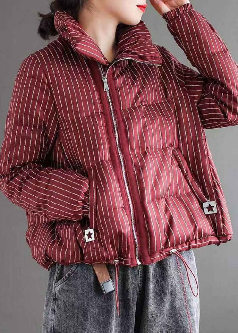 Vestes Bouffantes En Mousseline De Soie Col Montant Rayé Rouge Chic Fermeture Éclair Hiver