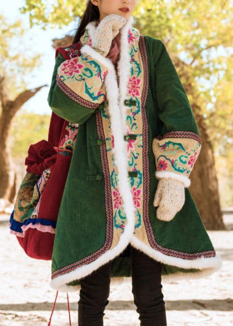 Vestes D'hiver Vertes Fines Grande Taille Manteaux Brodés À Boutons Chinois