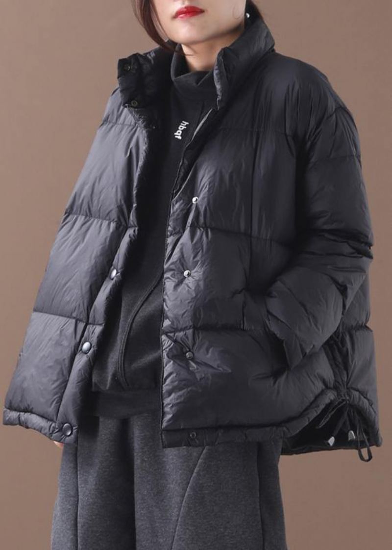 Vestes De Neige Chaudes Grande Taille Vêtements D'extérieur D'hiver Col Montant Noir Manteau En Duvet De Canard Avec Cordon De Serrage