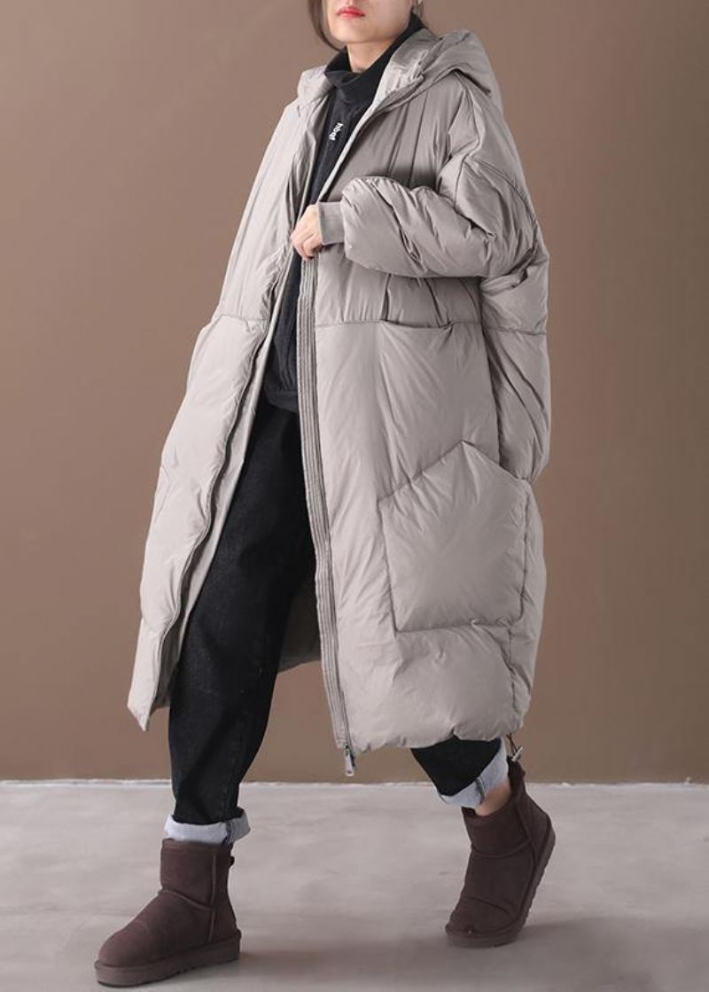 Vestes De Neige Grande Taille Manteau Gris À Capuche Et Poches En Duvet D'oie 2024