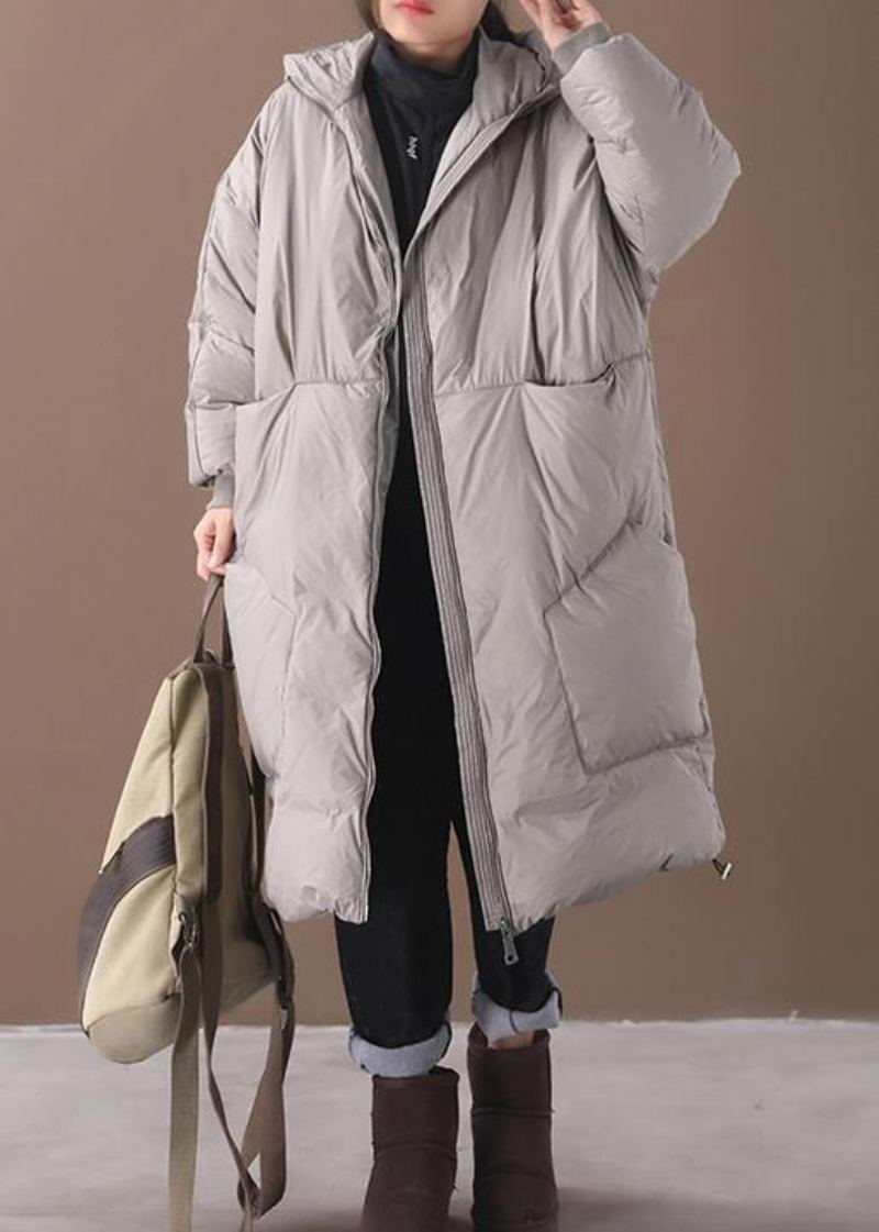 Vestes De Neige Grande Taille Manteau Gris À Capuche Et Poches En Duvet D'oie 2024 - Doudounes femmes