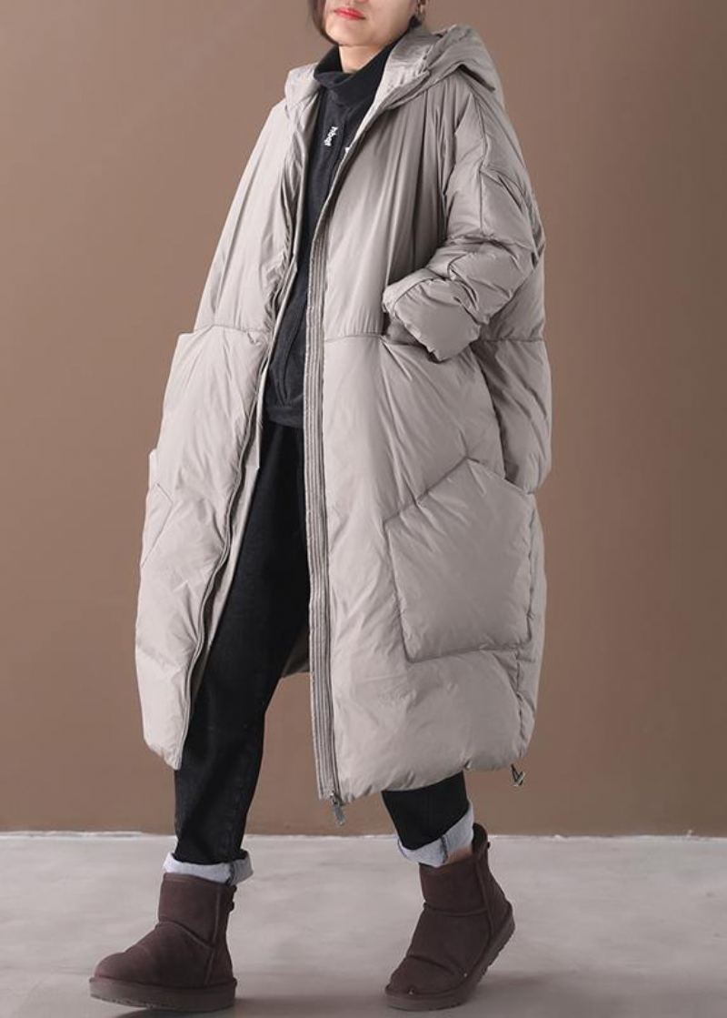 Vestes De Neige Grande Taille Manteau Gris À Capuche Et Poches En Duvet D'oie 2024 - Doudounes femmes