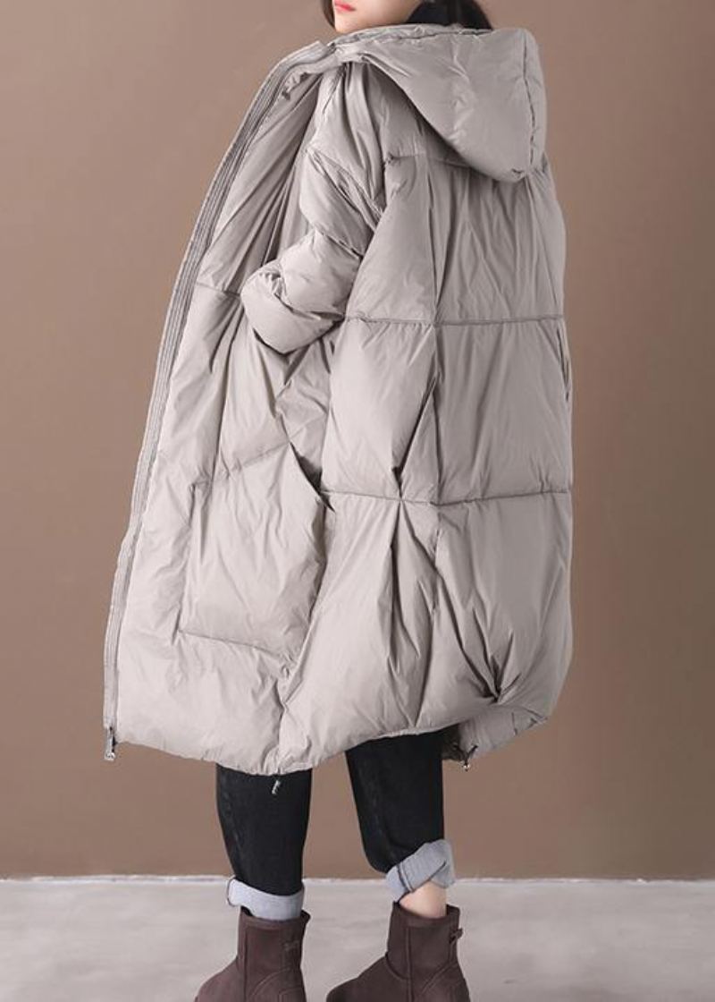 Vestes De Neige Grande Taille Manteau Gris À Capuche Et Poches En Duvet D'oie 2024 - Doudounes femmes