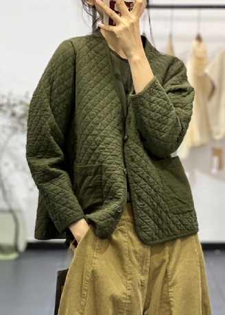 Vestes Remplies De Coton Fin Vert Biologique Avec Poches À Col En V Et Boutons D'hiver