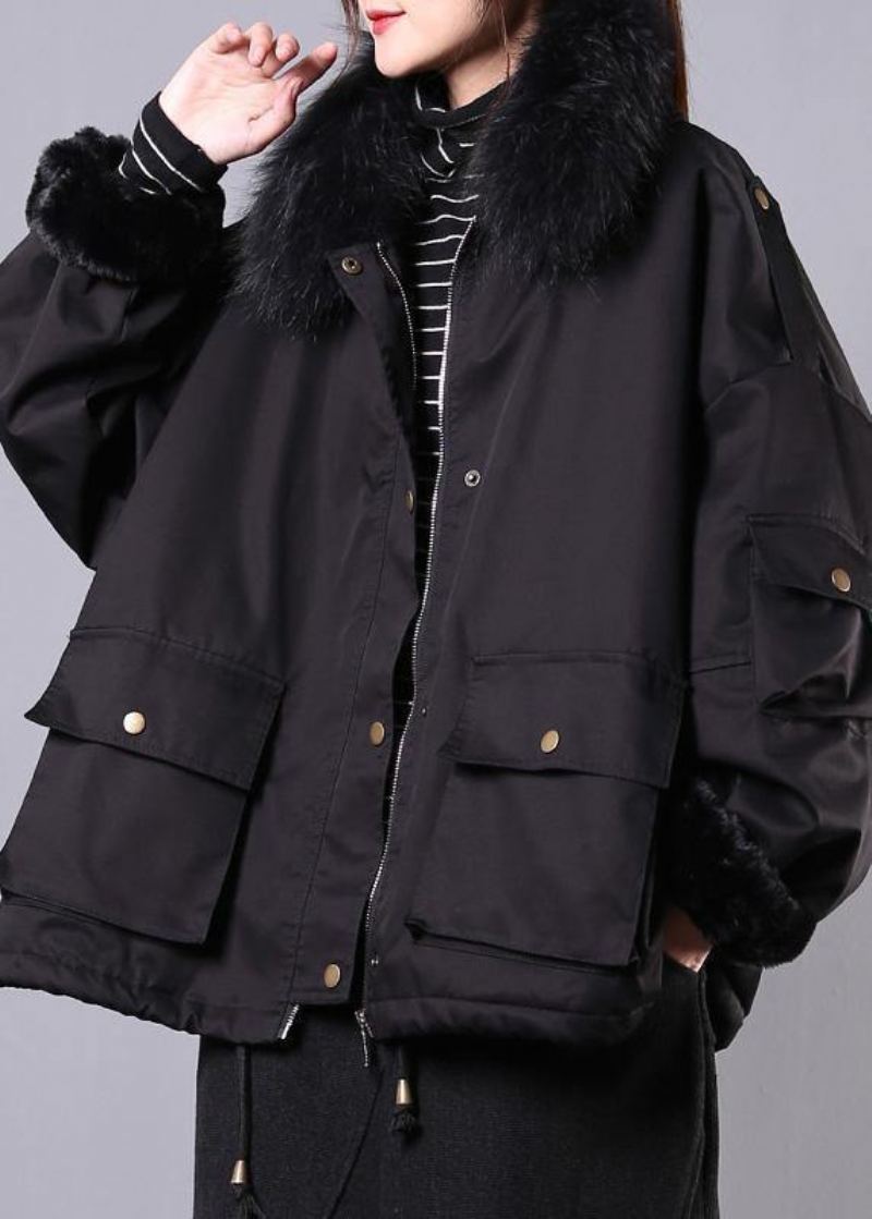 Vestes Surdimensionnées Noires Épaisses Tenue Décontractée Manteaux Poches Pardessus À Col En Fausse Fourrure - Noir