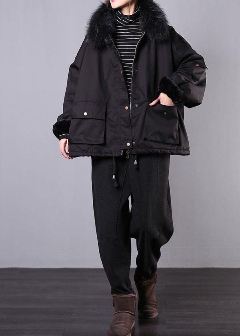 Vestes Surdimensionnées Noires Épaisses Tenue Décontractée Manteaux Poches Pardessus À Col En Fausse Fourrure - Noir