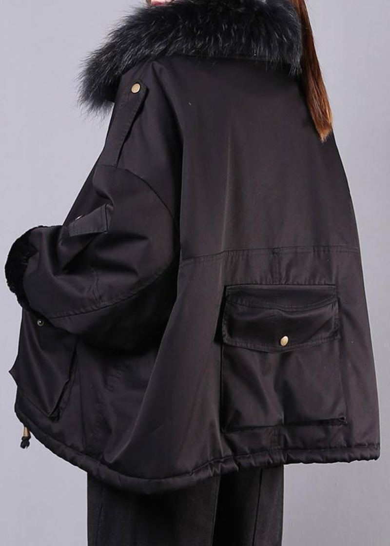 Vestes Surdimensionnées Noires Épaisses Tenue Décontractée Manteaux Poches Pardessus À Col En Fausse Fourrure - Noir