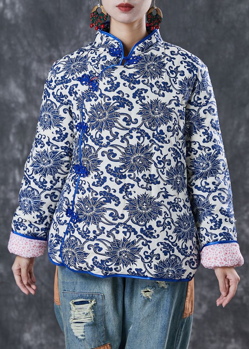 Vintage Bleu Imprimé Col Mandarin Veste Remplie De Coton Fin Hiver