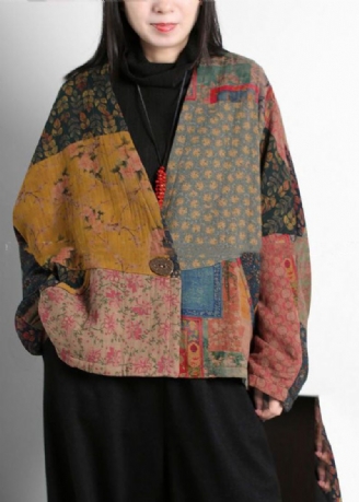 Vintage Colorblock Col En V Patchwork Imprimé Coton Fin Rempli Manteaux Manches Chauve-souris
