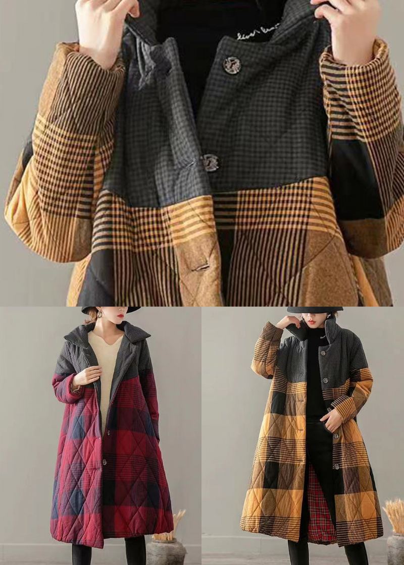 Vintage Rouge Poches Plaid Patchwork Fin Coton Rempli Manteaux Hiver - Doudounes femmes