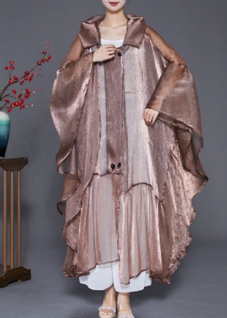 Beau Café Surdimensionné Patchwork Volants Soie Cardigan Été