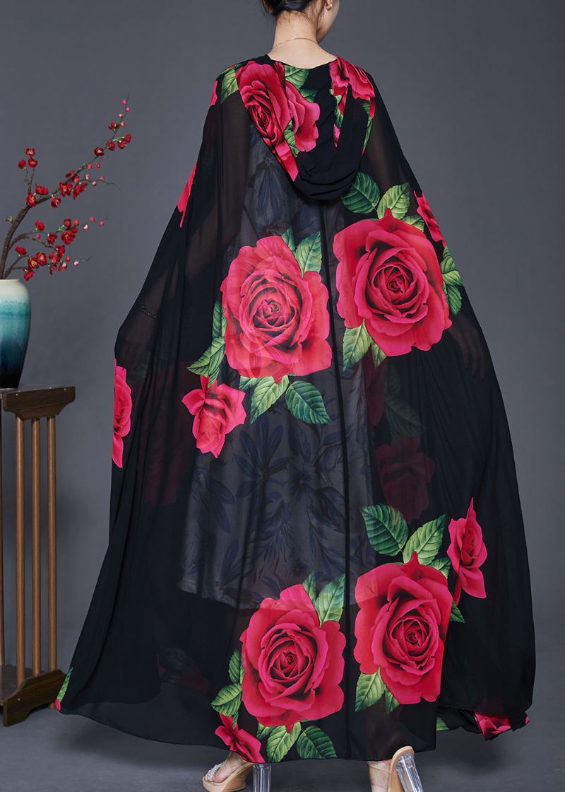 Beau Cardigan Noir À Capuche En Mousseline De Soie Imprimé Floral Printemps - Cardigans femmes