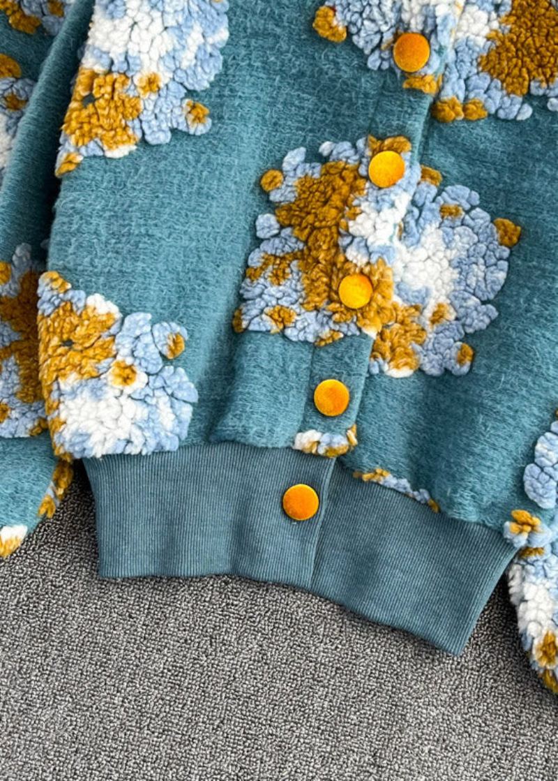 Beaux Pulls Tricotés Bleus À Col Rond Et Boutons Floraux Moelleux Printemps - Cardigans femmes