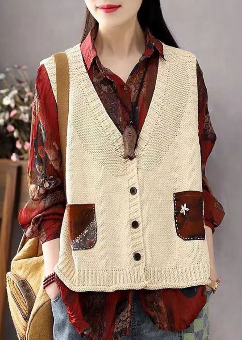 Bohème Kaki Bouton Poches Patchwork Coton Tricot Gilet Sans Manches - Cardigans femmes