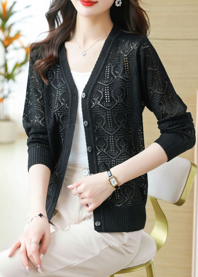 Bohème Noir Col En V Solide Taille De Glace Tricot Cardigans Été - Noir
