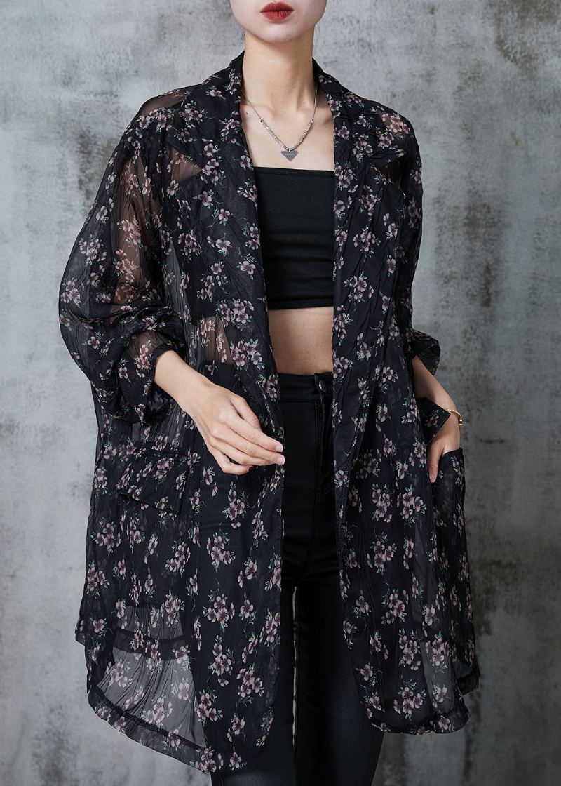 Bohème Noir Surdimensionné Imprimé Mousseline De Soie Cardigan Été - Cardigans femmes