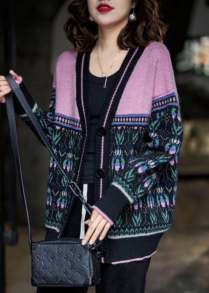 Boho Noir Rose Surdimensionné Patchwork Paresseux Tricot Cardigan Hiver