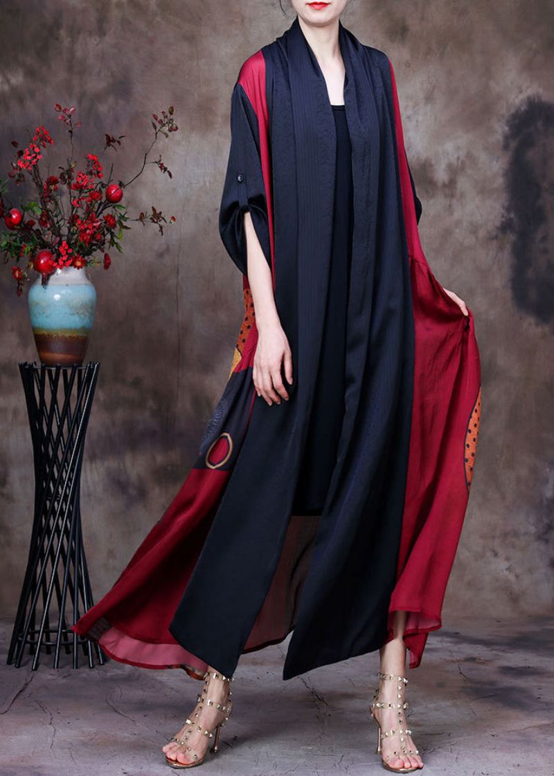 Boutique Noir Rouge Patchwork Noeud Col Imprimé Soie Longs Cardigans À Manches Longues - Cardigans femmes