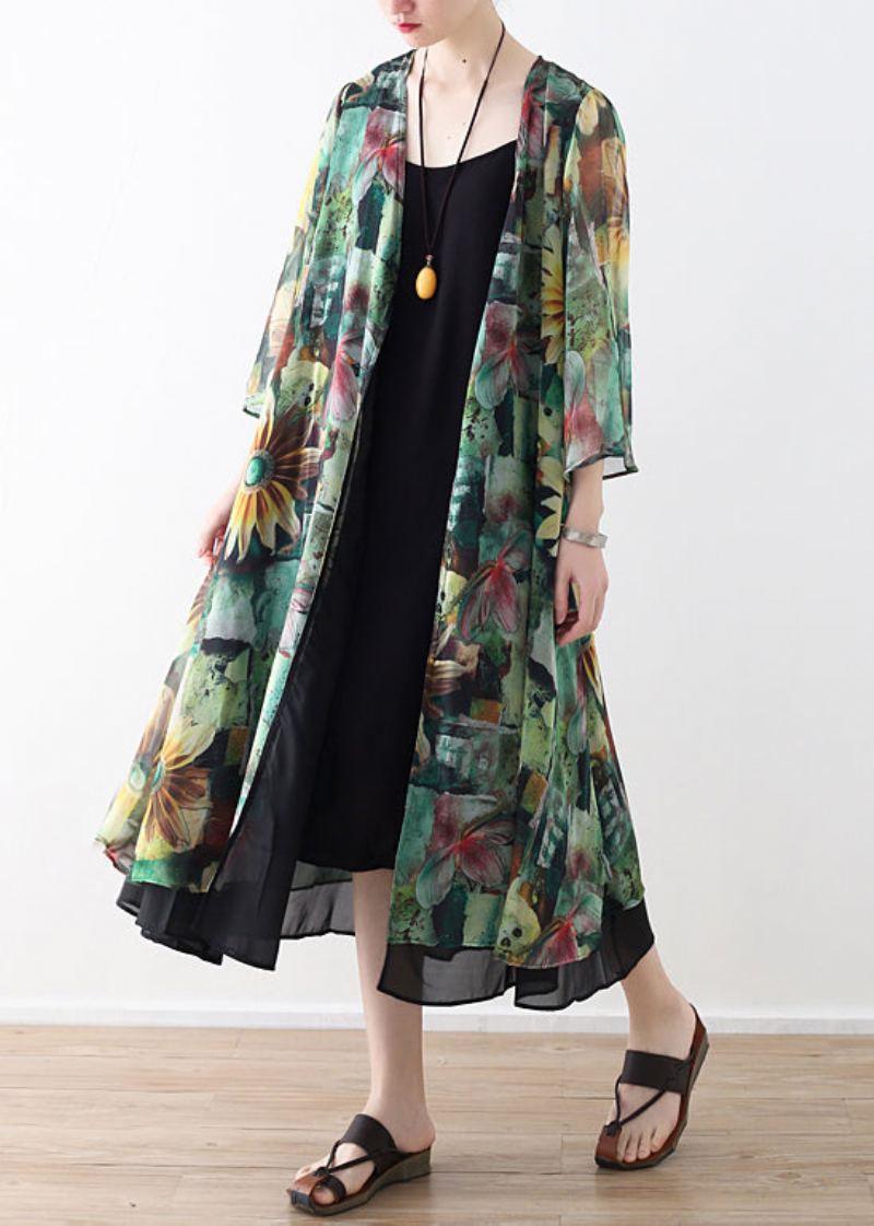 Bricolage Vert Imprime Vêtements D'extérieur En Mousseline De Soie Femmes Forme Cardigan Été - Vert