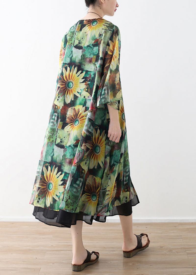 Bricolage Vert Imprime Vêtements D'extérieur En Mousseline De Soie Femmes Forme Cardigan Été - Vert
