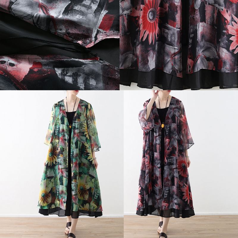 Bricolage Vert Imprime Vêtements D'extérieur En Mousseline De Soie Femmes Forme Cardigan Été - Vert