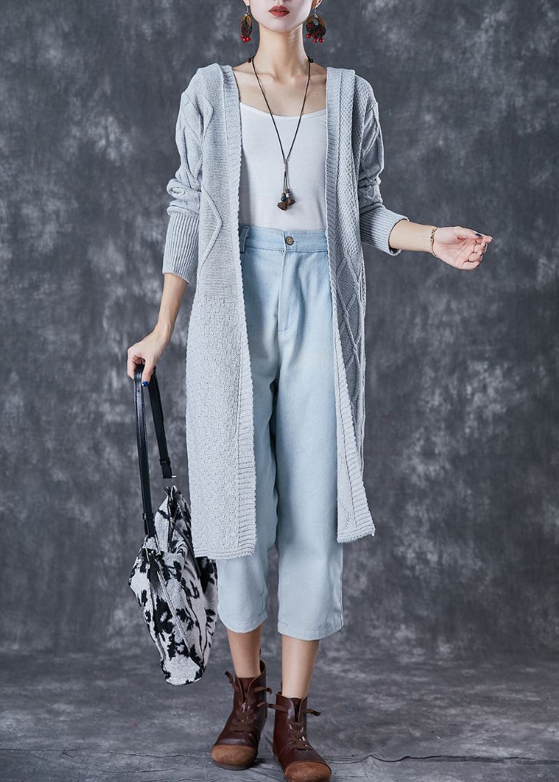 Cardigan Ample En Tricot Torsadé À Capuche Gris Clair Français Automne - Cardigans femmes