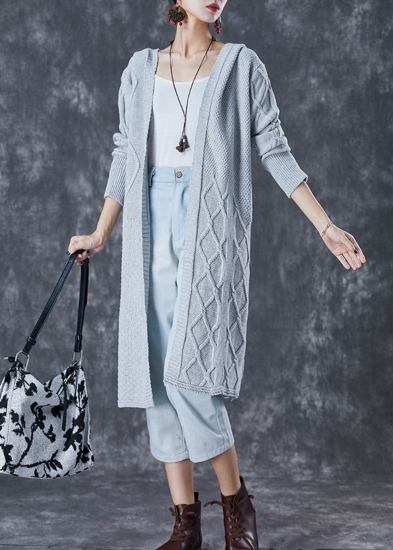 Cardigan Ample En Tricot Torsadé À Capuche Gris Clair Français Automne - Cardigans femmes